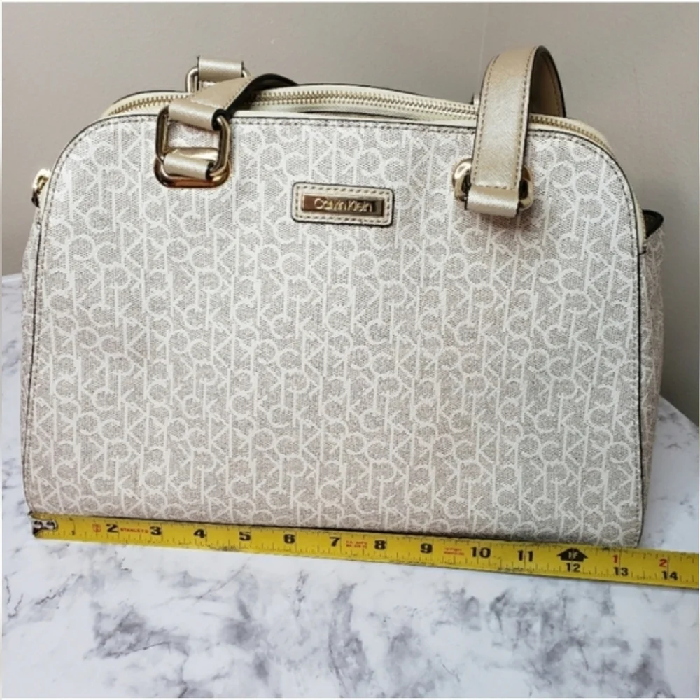 Calvin Klein Large Almond Monogram Satchel - Like New | Metallic Gold & Cream